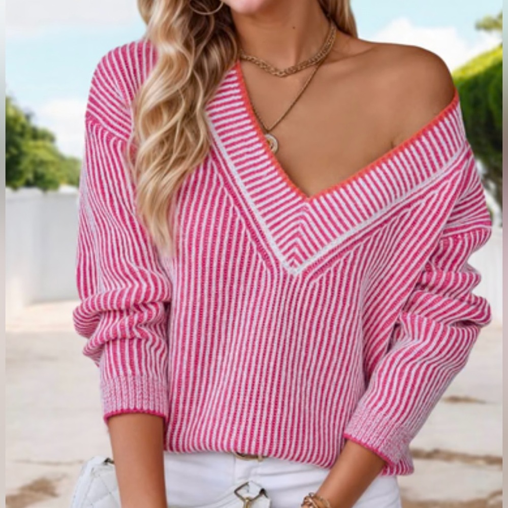 Vera Dolini Pink Striped Dropped Shoulder V-Neck Pullover Sweater size 12